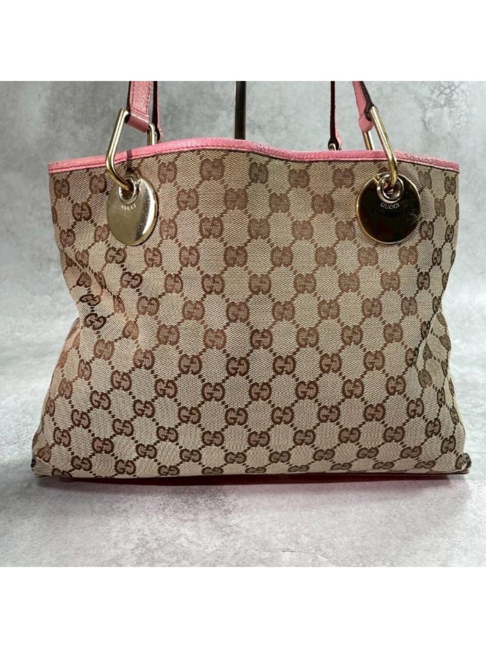 Gucci GG Tote Pink Canvas Leather Beige Logo - Picture 3 of 10